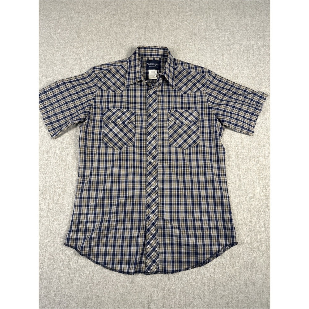Wrangler Shirt Mens‎ M Blue Tan Plaid Short Sleeve Pearl Snaps Western Rodeo